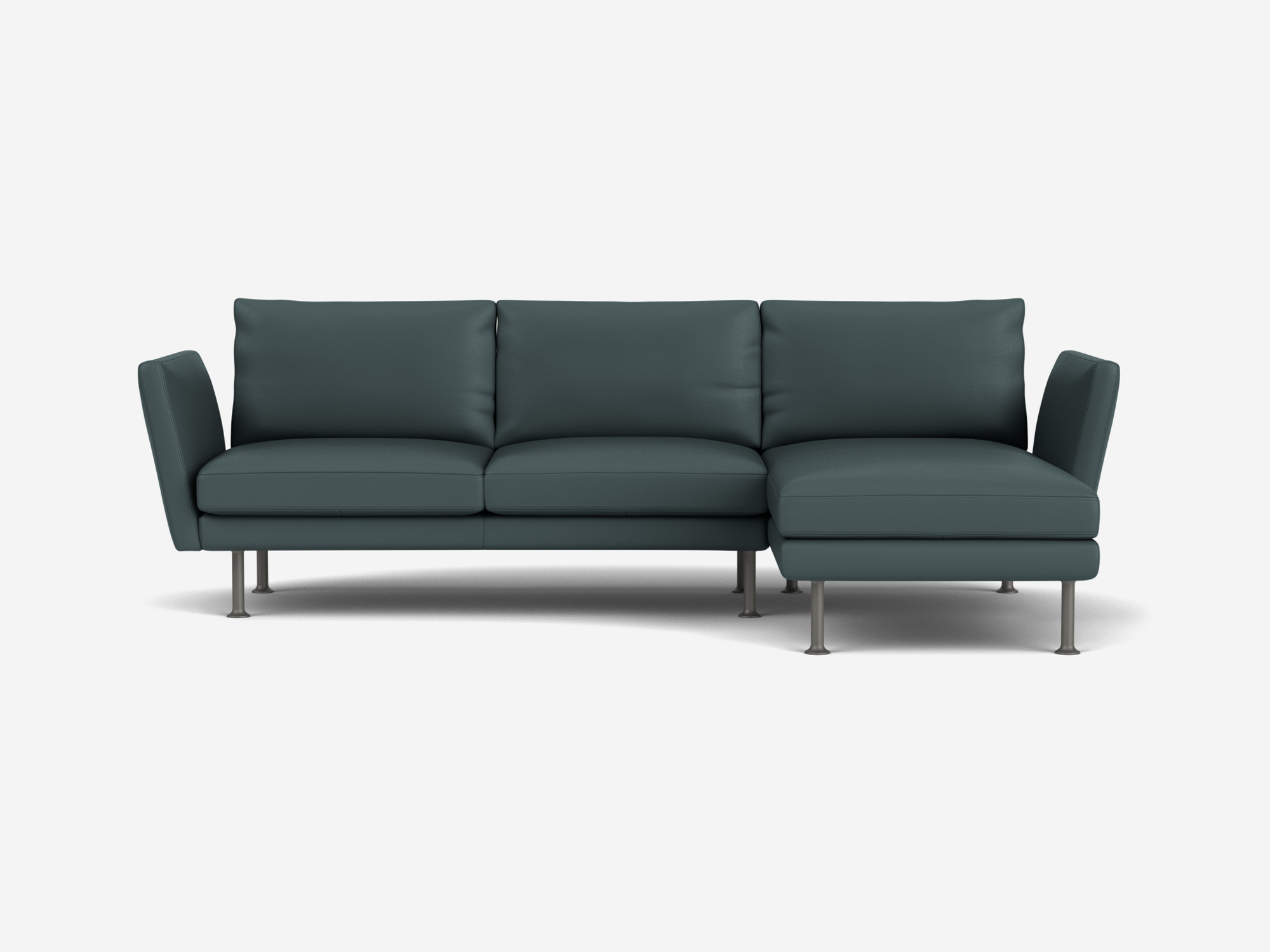 Blue leather sectional sofa with high arms and right facing chaise front view